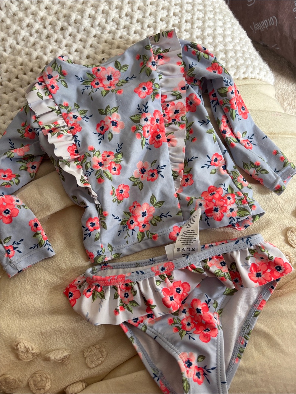 Nicole Miller Girls Floral Rashguard Set - Light Blue with Coral Pink Flowers